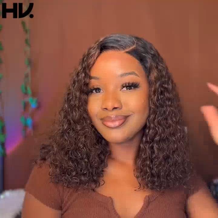 Ombre brown deep curly 13x4 hd lace front bob wig glueless human hair wig video poster