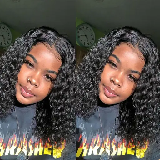 Blunt cut short deep curly lace bob wigs image