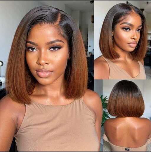 Ombre straight bob lace front wig human hair natural hairline short bob wig straight hair 13x6 hd lace front wigs for black women brazilian virgin human hair ombre brown wig