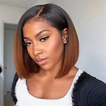Ombre straight bob lace front wig human hair natural hairline short bob wig straight hair 13x6 hd lace front wigs for black women brazilian virgin human hair ombre brown wig image