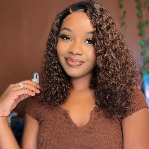 Ombre brown deep curly 13x4 hd lace front bob wig glueless human hair wig image