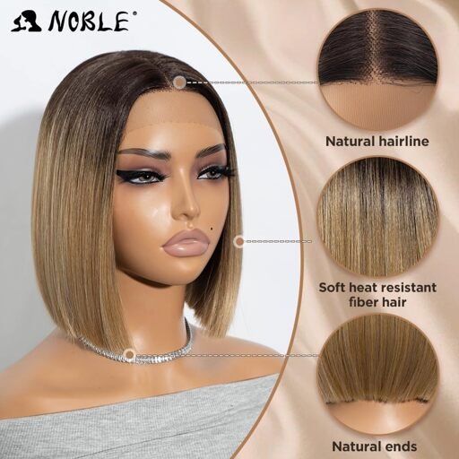 Noble bob wigs for women short t part hd lace front wigs ombre brown blonde synthetic blunt cut bob lace front wigs for party and daily use 10 inch image