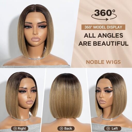 Noble bob wigs for women short t part hd lace front wigs ombre brown blonde synthetic blunt cut bob lace front wigs for party and daily use 10 inch image