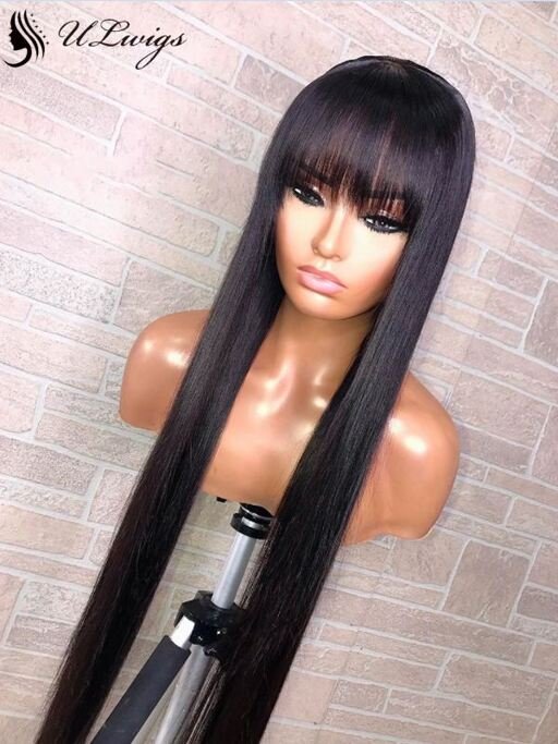 Straight 360 lace wig brazilian virgin human hair with bangs image