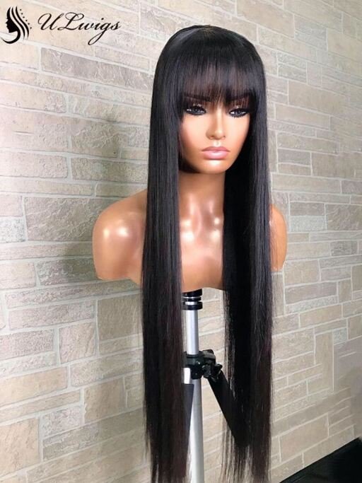 Straight 360 lace wig brazilian virgin human hair with bangs image