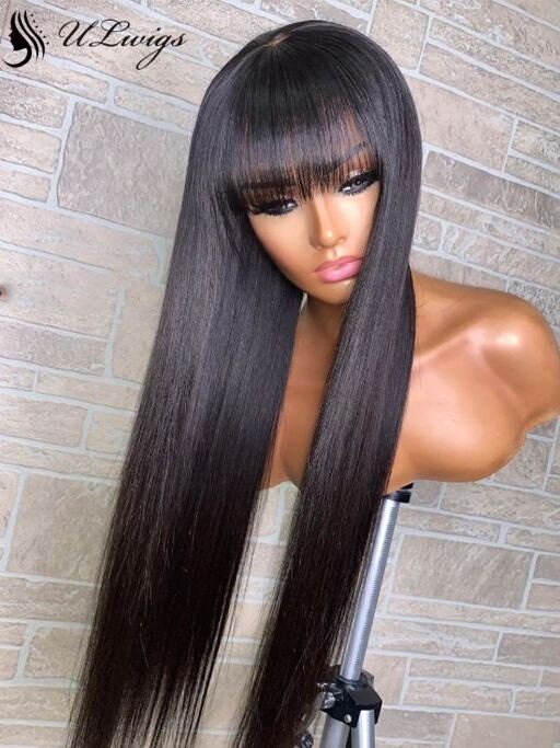 Straight 360 lace wig brazilian virgin human hair with bangs image