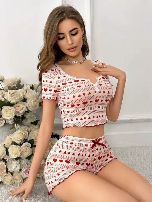 Womens cute love heart print pajama set short sleeve crop top shorts two piece lace trim lettuce hem y2k loungewear sleepwear image