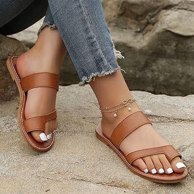 Flat sandals for women t-strap slip on slides slippers open toe lightweight comfort sandals casual walking beach shoes image