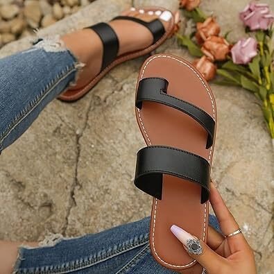 Flat sandals for women t-strap slip on slides slippers open toe lightweight comfort sandals casual walking beach shoes image